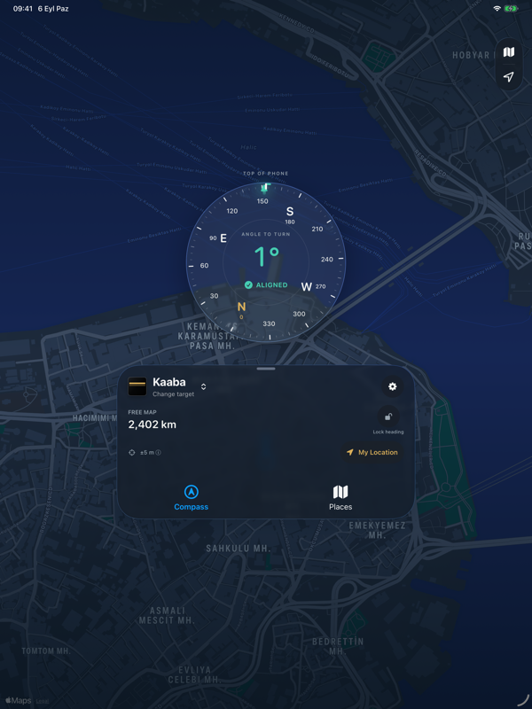 Azimo compass and saved destination displayed over a map