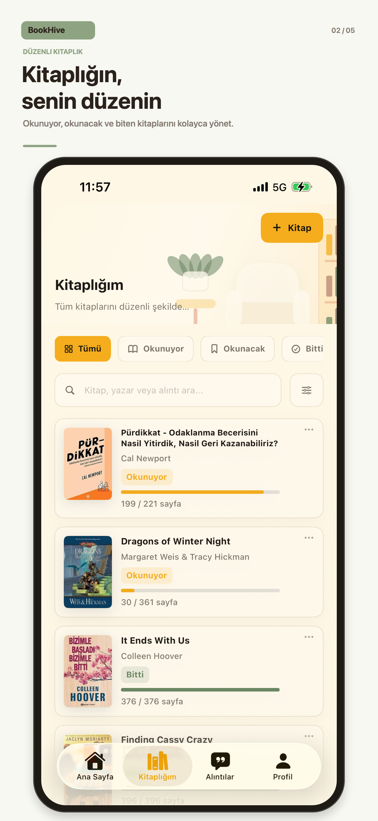 BookHive kitaplık ekranı