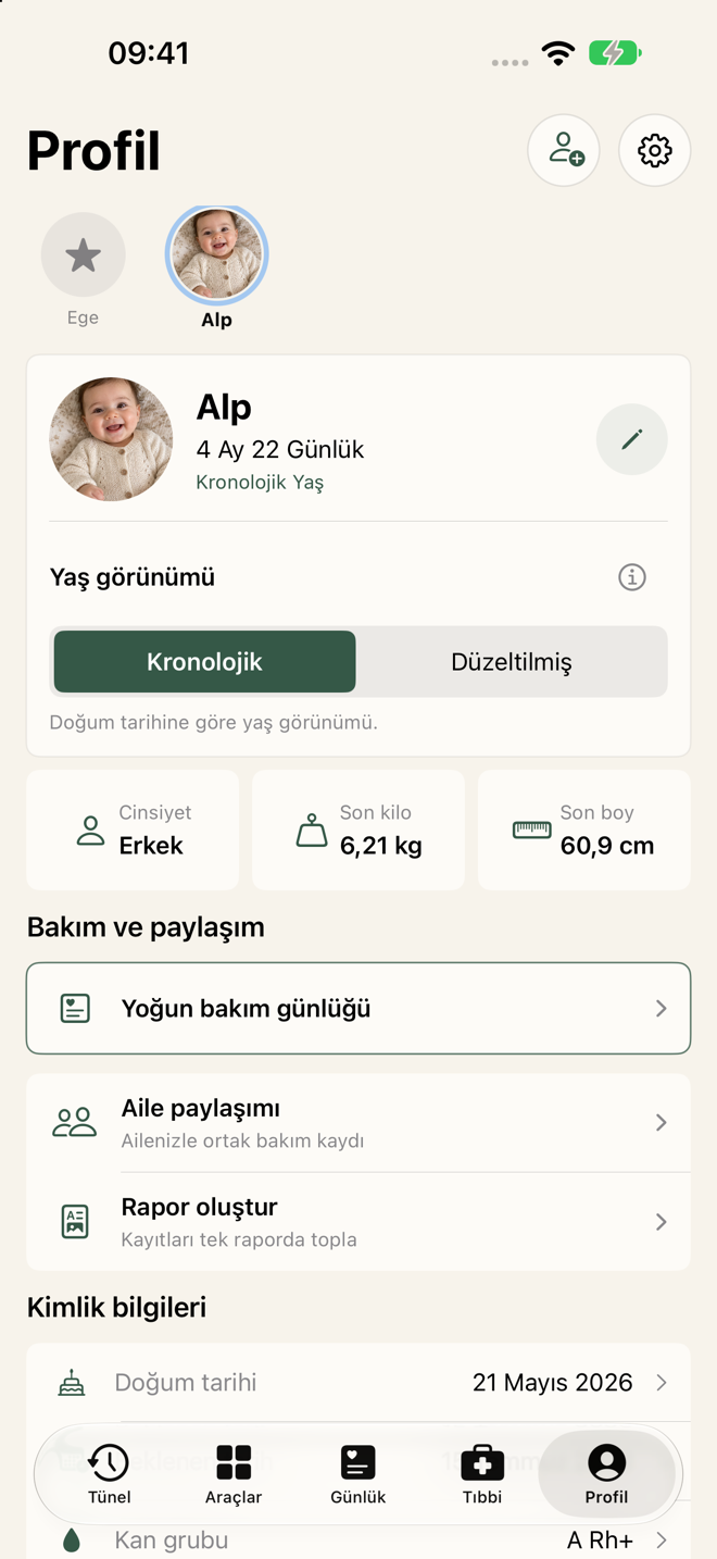 Uygulamanın profil ekranındaki bakım ve paylaşım alanı; yoğun bakım günlüğü, aile paylaşımı ve rapor seçenekleri.