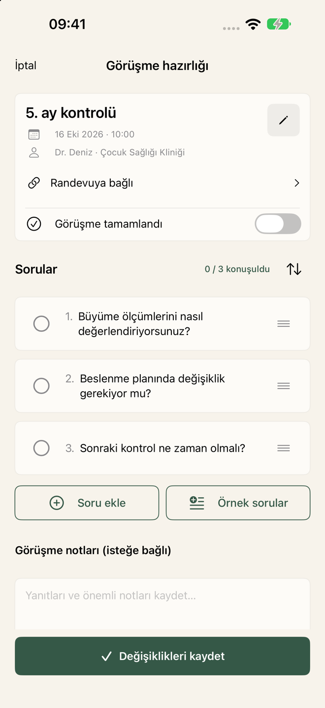 Uygulamanın doktor hazırlığı ekranı: randevu, sorular ve görüşme notları.